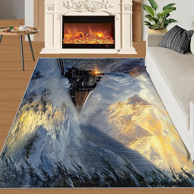 Train 5x8 Area Rugs,Forest and Mountains Bedroom Rug Winter Landscape Non-Slip Washable Rug for Living Room Nursery Kitchen Low-Pile Carpet