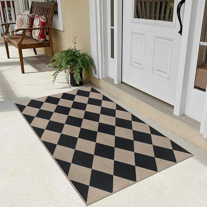 Easy Jute Checkered Entryway Rug, 2.6x4 Black Modern Indoor Outdoor Doormat, Washable Non-Slip Neutral Kitchen Rug Farmhouse Diamond Throw Rugs for Entrance Bedroom Bathroom