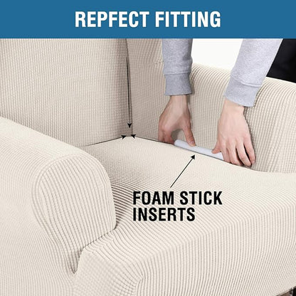 H.VERSAILTEX Wing Chair Slipcover Chair Covers for Wingback Chairs Wingback Chair Covers Slipcovers 1 Piece Stretch Sofa Cover Furniture Protector Soft Spandex Jacquard Checked Pattern, Ivory