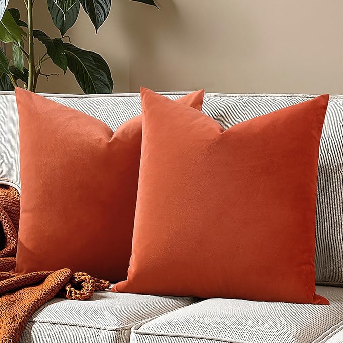 FEVERQIYI Velvet Pillow Covers Set of 2 Throw Sham Pillowcase Soft Solid Decorative Cushion Covers for Bedroom Living Room Outdoor Indoor Decoration, Orange, 24"x24"