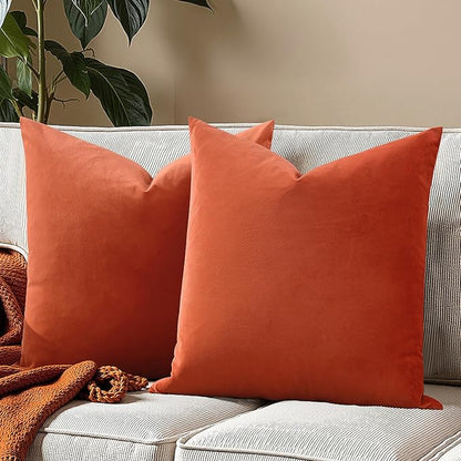 FEVERQIYI Velvet Pillow Covers Set of 2 Throw Sham Pillowcase Soft Solid Decorative Cushion Covers for Bedroom Living Room Outdoor Indoor Decoration, Orange, 24"x24"