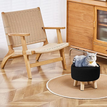 Wimarsbon Small Ottomans, 100% Hand Knitted Pouf Ottoman, Round Footrest with 4 Non-Skid Wood Legs, Boho Décor Cotton Rope Pouffe, Leisure Floor Step Chair for Living Room (Black)