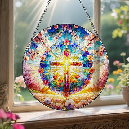 8 Inches Cross Stained Glass Suncatcher, Stained Glass Window Hanging, Spiritual Sun Catcher, Cross Ornament Gift, Christian Home Decor, Christian Gifts, Religious Gifts, Gift for Christmas