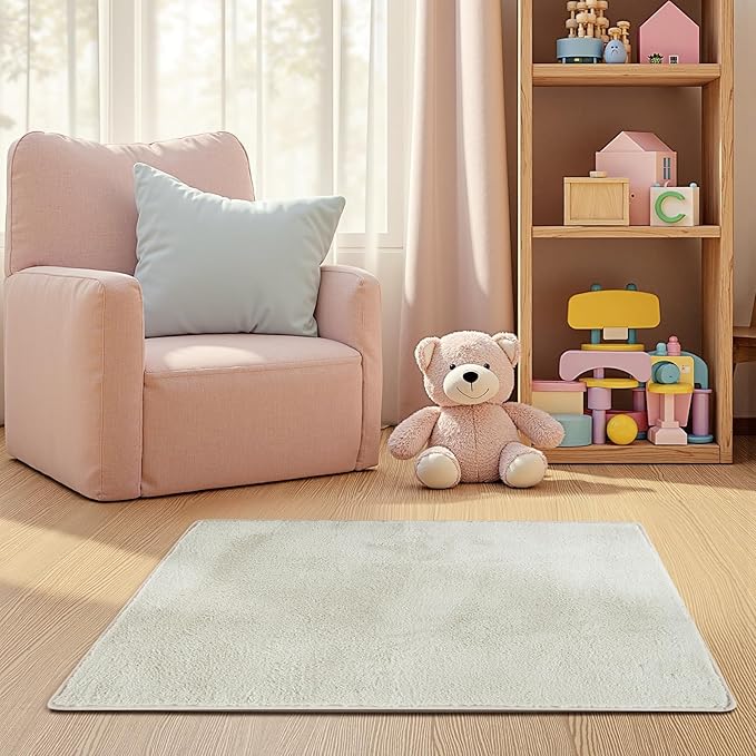 jinchan Solid Plush Area Rug 2x3 Performance Shaggy Washable Rug Indoor Entryway Doormat Soft Modern Faux Wool Cozy Non Slip Carpet for Living Room Kid Room Bedroom Nursery Ivory