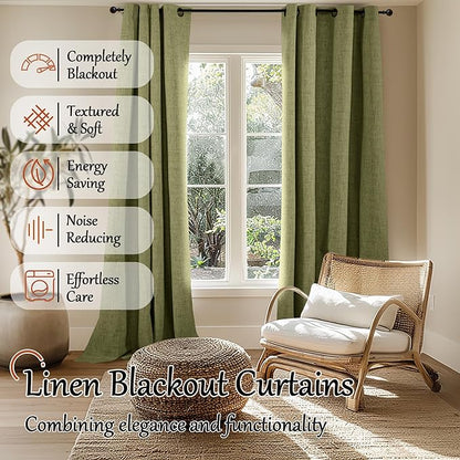 Lajode Linen Blackout Curtains 90 Inch Long, Olive Green Extra Long Curtains for Bedroom Living Room Modern Farmhouse, Thermal Light Blocking Faux Linen Energy Save Drapes Each 52x90 Inch 2 Panels