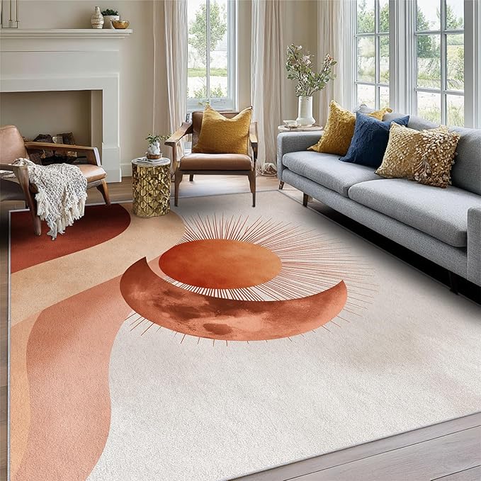 Boho Sun Rug, 6x8 Area Rugs Moon Mountain Abstract Terracotta Pattern for Living Room, Bedroom, Boho Sun Home Decor Accessories Indoor Carpet, Non Slip & Machine Washable