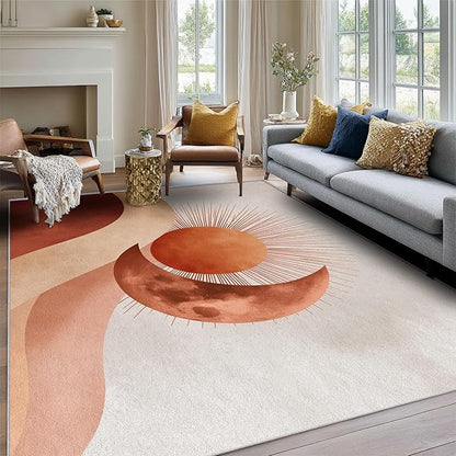 Boho Sun Rug, 6x8 Area Rugs Moon Mountain Abstract Terracotta Pattern for Living Room, Bedroom, Boho Sun Home Decor Accessories Indoor Carpet, Non Slip & Machine Washable