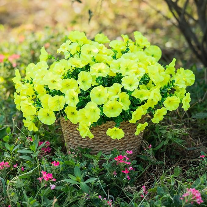 Yellow Artificial Morning Glory Fall Faux Flowers for Outdoor Decoration, 12 Bundles Realistic Silk Flowers with Eucalyptus for Autumn Home Decor Patio Porch Garden Planter Window Box Yard