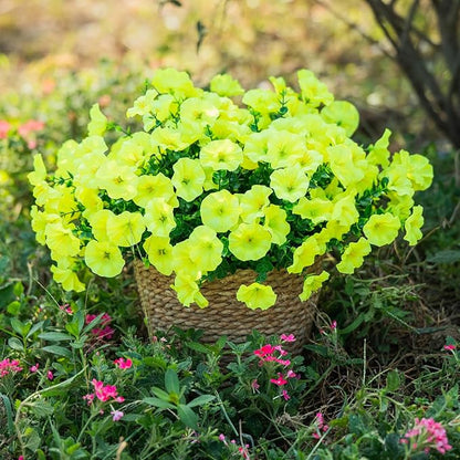 Yellow Artificial Morning Glory Fall Faux Flowers for Outdoor Decoration, 12 Bundles Realistic Silk Flowers with Eucalyptus for Autumn Home Decor Patio Porch Garden Planter Window Box Yard