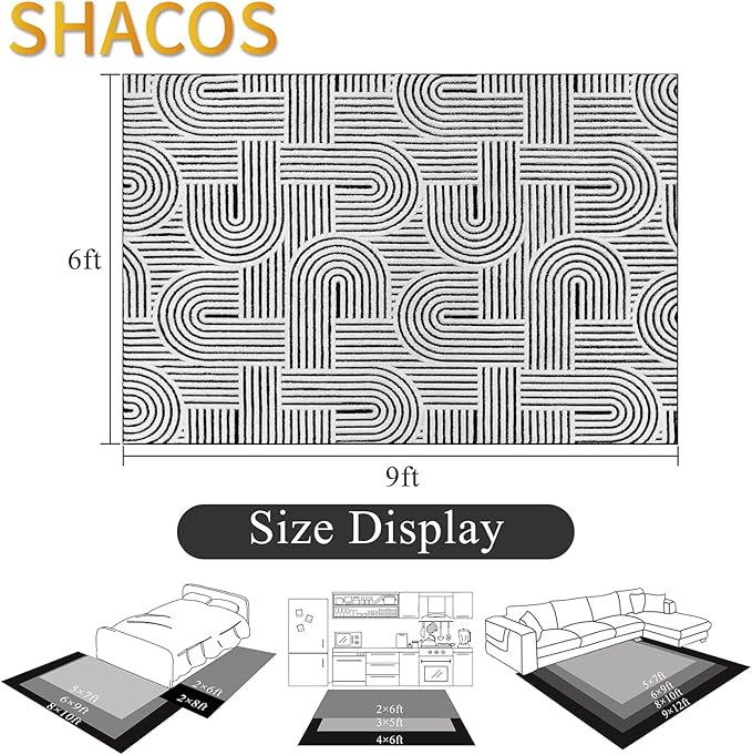 SHACOS Soft Cozy Fluffy Arch Pattern High Low Pile Area Rugs 6'x9' Large Non Slip Washable Modern Geometric Rug Scandinavian Minimalist Carpet for Living Room Bedroom Dining Room, Black White