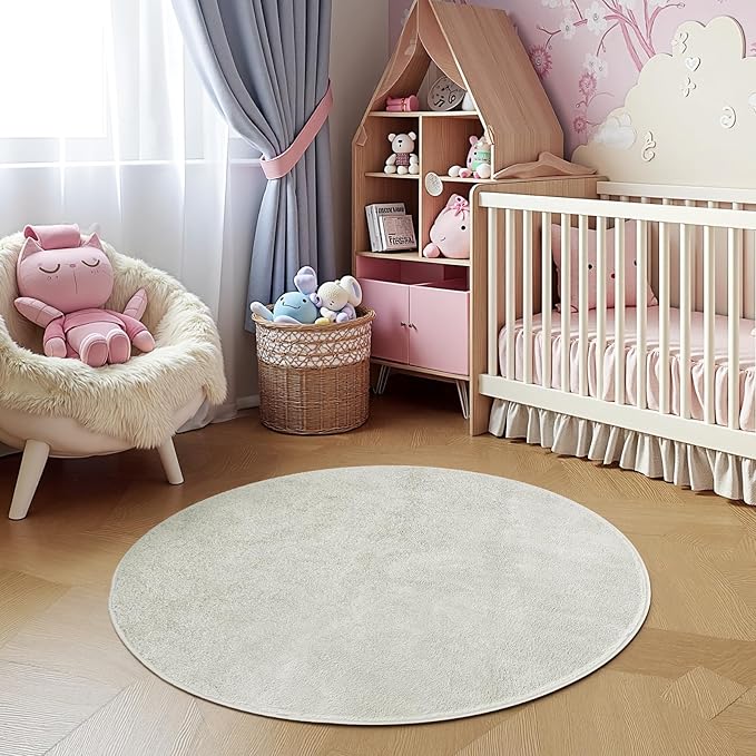 jinchan Solid Plush Round Rug 4ft Performance Shaggy Circle Rug 4' Round Washable Indoor Soft Modern Faux Wool Non Slip Carpet for Living Room Kids Room Bedroom Dining Room Ivory