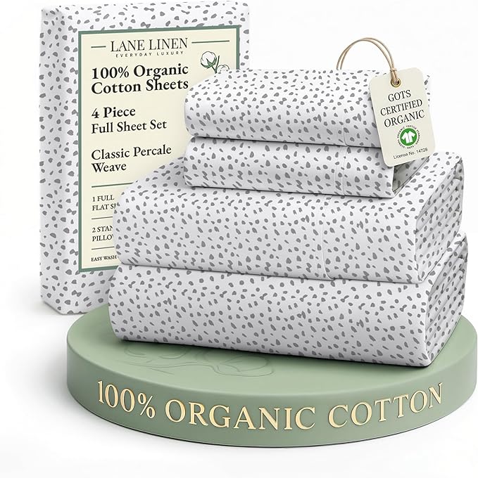 LANE LINEN 100% Organic Cotton Printed Full Size Sheet & Pillowcase Sets, 15" Deep Pocket Fully Elasticized Soft & Comfy Percale Bedding, Eco Friendly Cotton Sheets Full- Haze Grey