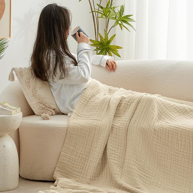 Love's cabin 6 Layer 100% Cotton Muslin Blanket, 90"x90" Muslin Blanket Queen for Couch Bed, Lightweight and Breathable Cotton Gauze for Adult, Khaki