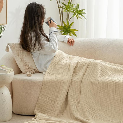 Love's cabin 6 Layer 100% Cotton Muslin Blanket, 90"x90" Muslin Blanket Queen for Couch Bed, Lightweight and Breathable Cotton Gauze for Adult, Khaki