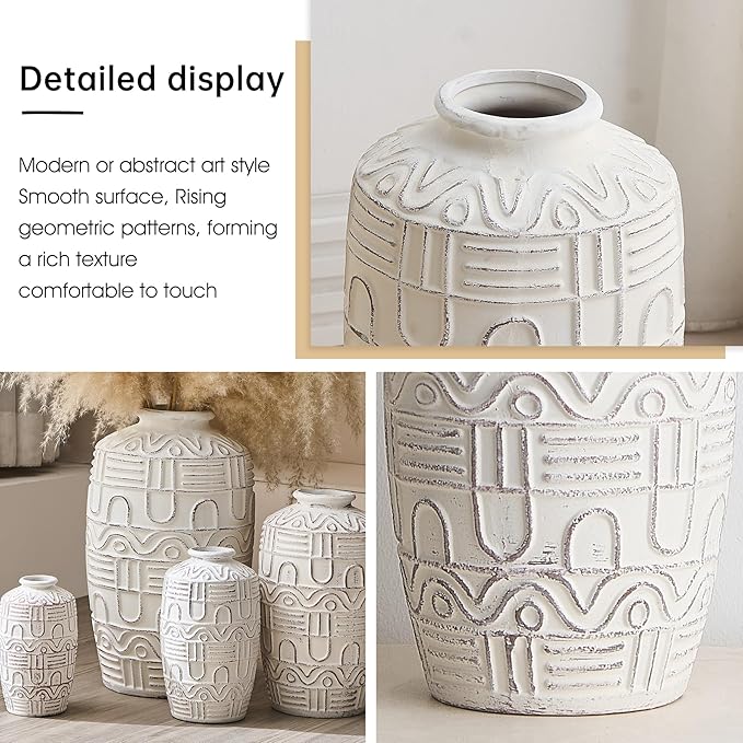 Large White Ceramic Vase - 9.6" H Embossed Decorative Vases for Home Decor, Modern Boho Rustic Table Centerpieces for Living Room, Dining Room, Shelf, Mantel, Office
