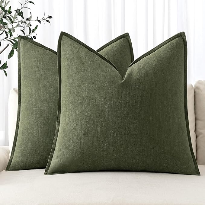 MIULEE Decorative Linen Pillow Covers 16x16 Inch Dark Olive Green Boho Farmhouse Neutral Spring Couch Throw Pillows for Bed Pack of 2 Accent Modern Pillowcase Sofa Livingroom Home Decor