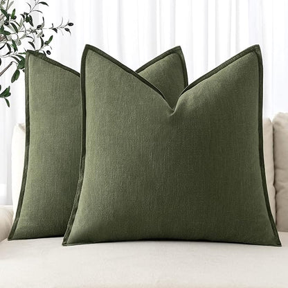 MIULEE Decorative Linen Euro Sham Pillow Covers 22x22 Inch Dark Olive Green Boho Farmhouse Neutral Spring Couch Throw Pillows for Bed Pack of 2 Accent Modern Pillowcase Sofa Livingroom Home Decor
