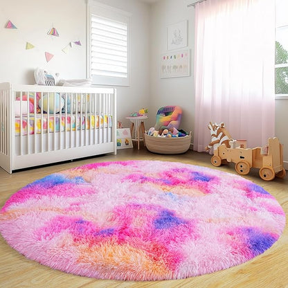Round Fluffy Rugs 6Ft for Girls Bedroom, Dark Rainbow Shag Circle Kids Rug Non-Slip for Bedside Dorm Nursery Playroom, Soft Cute Area Rugs for Living Room Decor