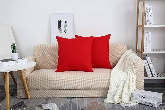 TangDepot Handmade Decorative Solid 100% Cotton Canvas Throw Pillow Covers/Pillow Shams, (20"x20", Red)