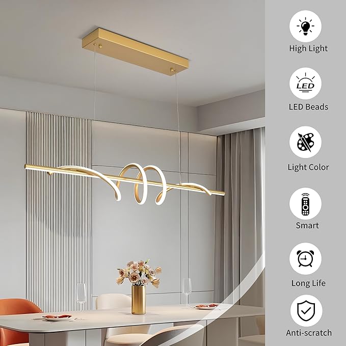 Modern LED Pendant Light, 39.37in Gold Chandelier Dimmable,3000K-6000K Adjustable Color Temperature, Aluminum Modern Kitchen Light Fixture for Dining Room