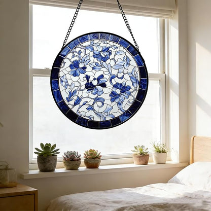 Stained Glass Window Hanging, Blue and White Abstract Flowers Sun Catcher for Door Home Decor Suncatcher Christmas Mother's Day Birthday Gifts for Women Men Mom and Nana 11.8 in