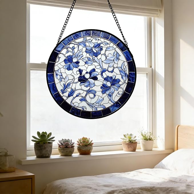 Stained Glass Window Hanging, Blue and White Abstract Flowers Sun Catcher for Door Home Decor Suncatcher Christmas Mother's Day Birthday Gifts for Women Men Mom and Nana 6.3 in