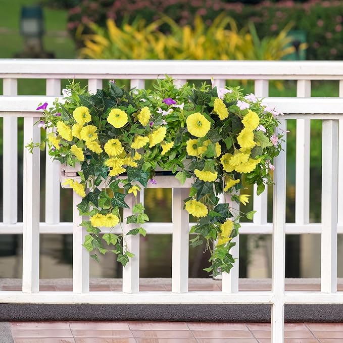 RECUTMS Artificial Fake Hanging Flowers Plants for Outdoor Spring Decor, 2 Pcs UV Resistant Faux Petunias Trailing Plants Realistic Flower Look Real for Door Wall Yard Porch Garden Planter (Yellow)