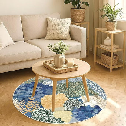 DEXDE Round Rug 4ft Washable Circle Area Rugs Non Slip Low Pile Boho Floral Small Circular Carpet for Bedroom Bathroom Entryway Kids Room Office Dining Room,Blue