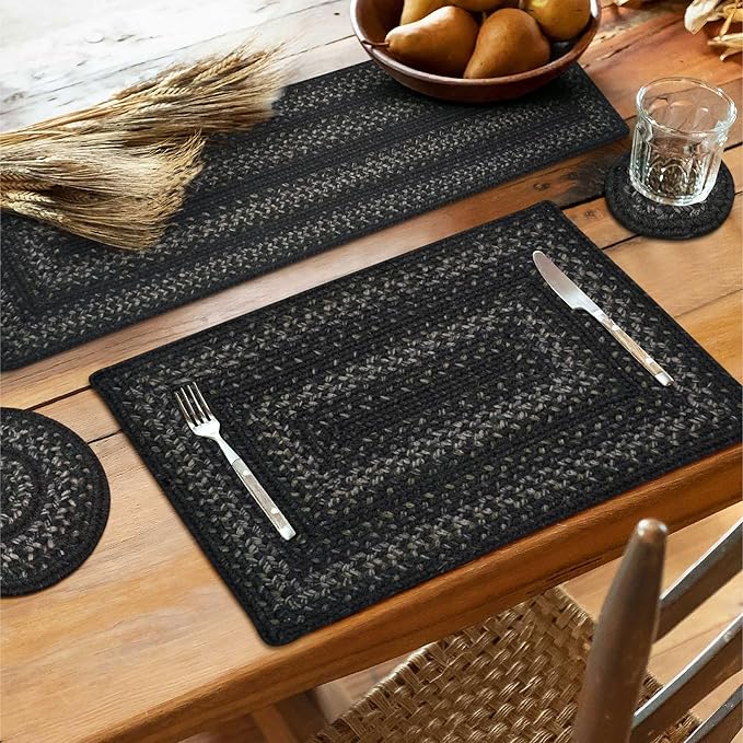 Homespice Jet Black Braided Oval Table Runner, Warm Primitive Decor,11x36 - Jute Dining Table Accessories - Rich Colors, Easy to Clean, Durable and Protects Furniture