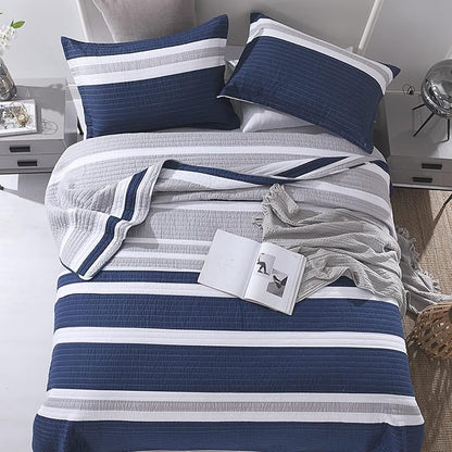 Quilts King Size - King Quilt Bedspread Sets, 100% Cotton Quilt Bedding Set for King Bed, 3 Pieces Striped Reversible Lightweight Quilted Quilt Set Bed Spread, Navy Blue