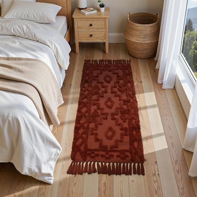 Uphome Boho Washable Runner Rugs 2' x 5', Woven Tufted Neutral Hallway Runner Rug with Fringe, Terracotta Cotton Farmhouse Entryway Rug, Tribal Accent Bedroom Floor Carpet for Bedside Laundry Kitchen
