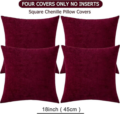 GAWAMAY Decorative Square Throw Pillow Covers 18"x18" Inch Set of 4, Super Soft Chenille Pillows Cover Fall Pillowcase for Living Room Bedroom Sofa Couch Cushion Cover Burgundy Red 45x45cm