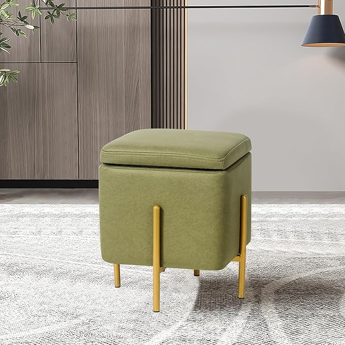 Adeco Upholstered Tufted Square Storage Ottomans, Olive Green Modern Fabric Footrest Ottomans with Storage for Couch Small