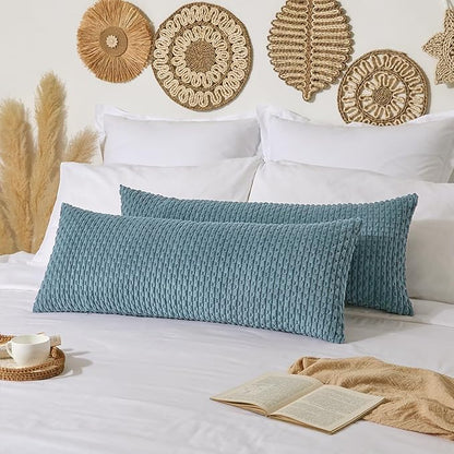 Kevin Textile 20x54 Inch Long Body Lumbar 1 Pack Boho Decorative Throw Pillow Cover Soft Striped Corduroy Rectangle Cushion Case Farmhouse Accent for Living Room Couch Sofa Bed, Blue Grey