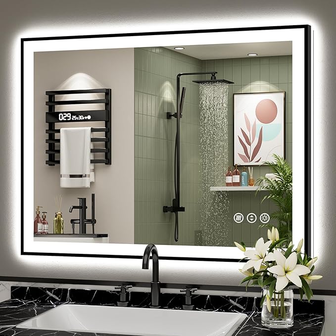 40x32 Black Framed LED Bathroom Mirror with Lights, Backlit and Front Lit, Anti-Fog Lighted Vanity Mirrors for Bathroom Wall, Dimmable, 3-Color Light, Memory, Shatter-Proof, HD Tempered Glass