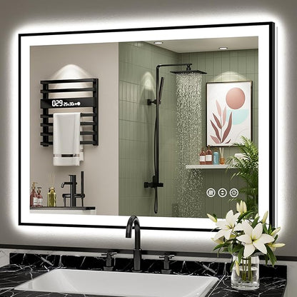 40x32 Black Framed LED Bathroom Mirror with Lights, Backlit and Front Lit, Anti-Fog Lighted Vanity Mirrors for Bathroom Wall, Dimmable, 3-Color Light, Memory, Shatter-Proof, HD Tempered Glass