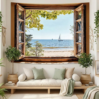 Lifeel Beach Landscape Tapestry, Tropic Ocean Tree Nature Scenic Window Tapestries for Living Room Bedroom Home Decor, 60x80 inches