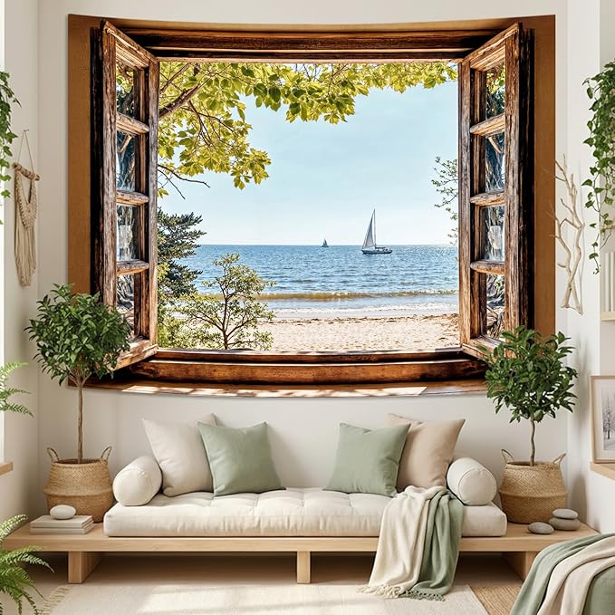 Lifeel Beach Landscape Tapestry, Tropic Ocean Tree Nature Scenic Window Tapestries for Living Room Bedroom Home Decor, 36x48 inches