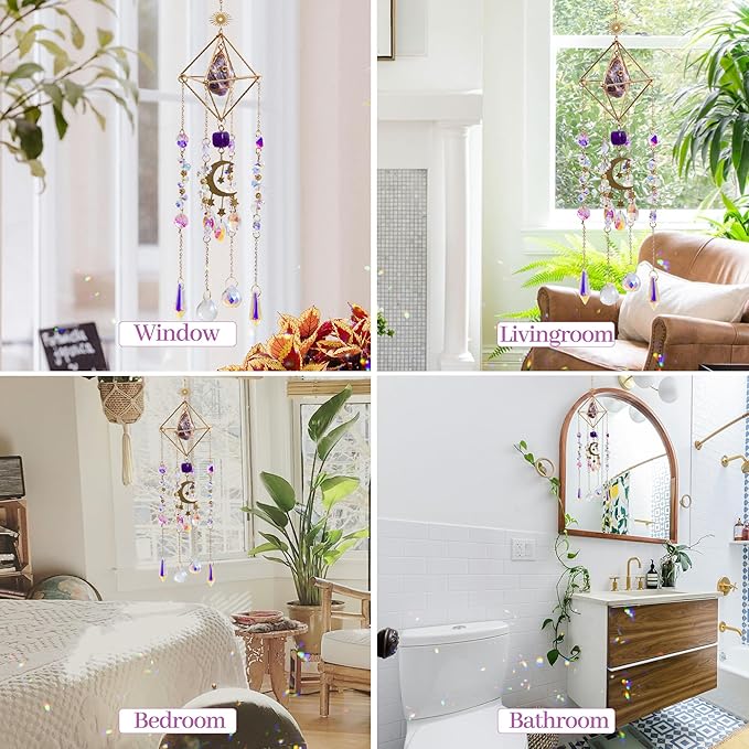 Amethyst Crystal Suncatcher - Dreamsum Hanging Wall Garden Sun Catcher for Windows, Healing Amethyst Crystal Decor for Home, Gift for Christmas Birthday,Mothers Day