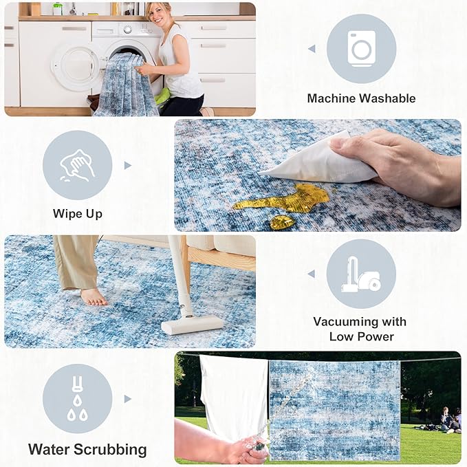 Area Rugs Living Room Rug - 4x6 Washable Modern Abstract Soft Neutral Non-Slip Carpet Large Indoor Floor Thin Carpets for Bedroom Dining Room Farmhouse Nursery Home Office Blue Grey