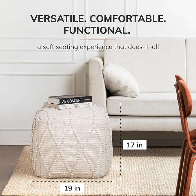 Anji Mountain 100% Handmade & Handcrafted Comfortable Home Décor Pouf Ottoman Footrest for Living Room, Bedroom, Nursery, Kidsroom, Patio Furniture - (19" x 19" x 17"- Ivory)