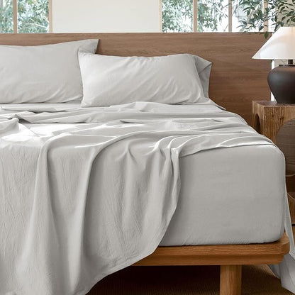 MooMee Bedding Sheet Set 100% Washed Cotton Linen Like Textured Breathable Durable Soft Comfy (Solid Light Blueish Grey, Queen)