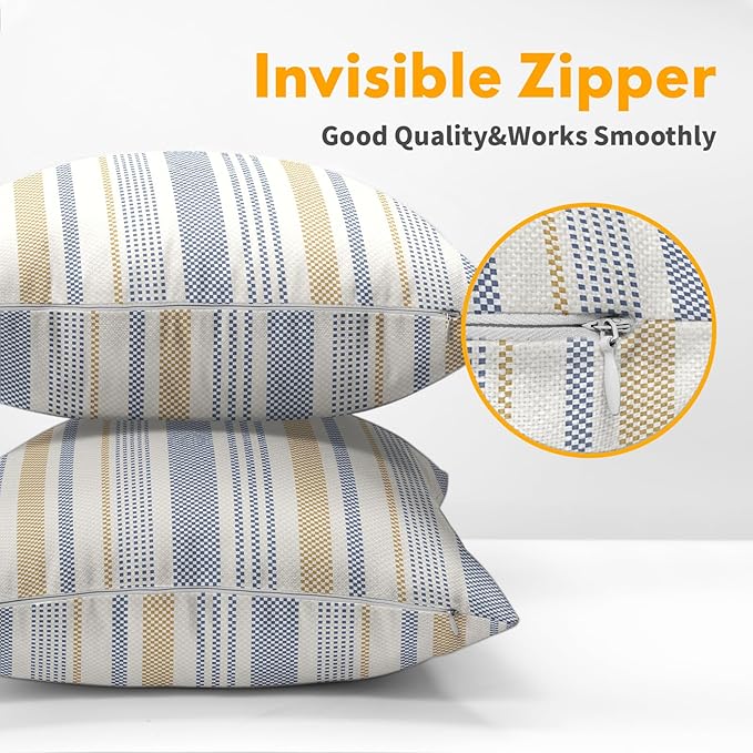 Blue Yellow Pillow Covers 22x22 Set of 2 Geometric Striped Print Partten Decorative Outdoor Boho Pillowcases with Zipper Rustic Decoration Farmhouse Sofa Couch Throw Cushion Cover Bed Decor