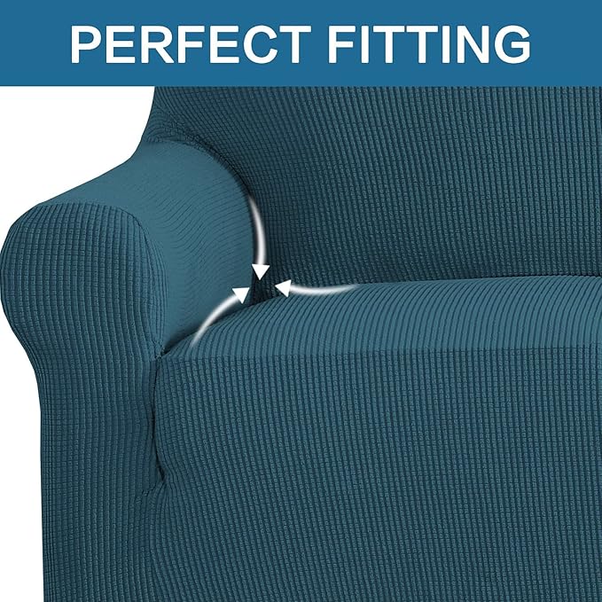 H.VERSAILTEX Stretch Couch Covers for 3 Cushion Couch Sofa Slip Covers for Living Room Feature Thick Checked Jacquard Fabric with Elastic Bottom, Sofa Large - Deep Teal