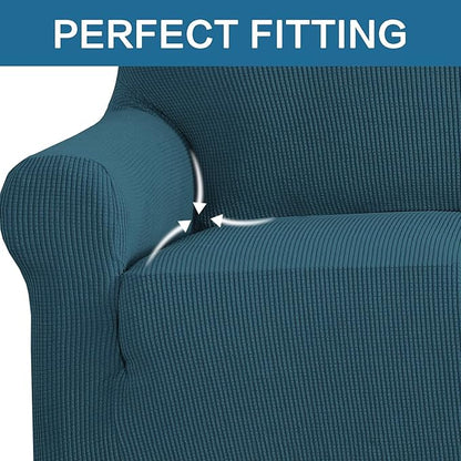 H.VERSAILTEX Stretch Couch Covers for 3 Cushion Couch Sofa Slip Covers for Living Room Feature Thick Checked Jacquard Fabric with Elastic Bottom, Sofa Large - Deep Teal