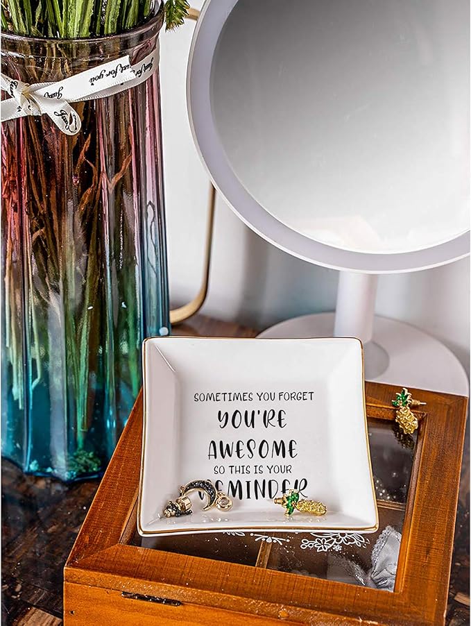 SUNBMO Sometimes You Forget You are Awesome - Thank You & Birthday Gifts, Inspirational Gifts for Women, Friends, Coworkers, Boss & Employee - Ceramic Jewelry Trinket Dish
