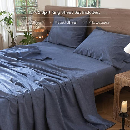 MooMee Bedding Sheet Set 100% Washed Cotton Linen Like Textured Breathable Durable Soft Comfy (Heathered Blue, Twin)