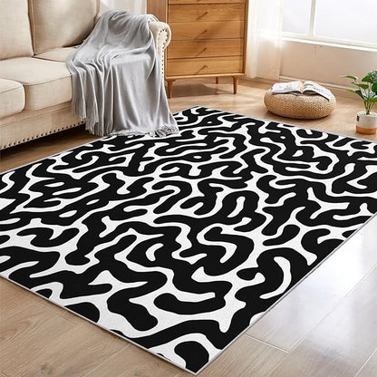 5x8 Black Abstract Line Rugs for Bedroom Decor, Washable Abstract Maze Pattern Area Rug, Living Room Home Decoration, Non Slip Soft Thin, Black and White Decor Carpet PF-P 56