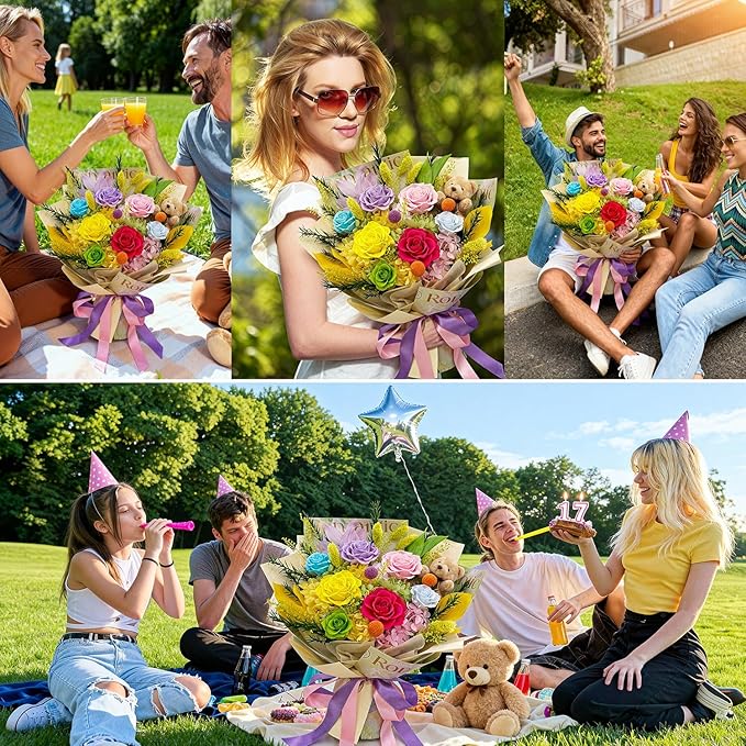 HUACHIPLUS Preserved Bouquet with Bear: Big Flowers Big Love-Romantic Gifts for Her Wife Girlfriend Mom-Flowers for Delivery Prime on Christmas Valentines Day Anniversary Mothers Day (dopamine1)