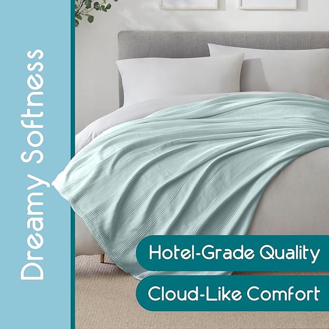King Size 100% Cotton Blanket | Super Soft Breathable Lightweight Throw | All-Season Knit Blanket | Luxury Hotel Style | Easy Care | Oeko-Tex Certified | Light Blue